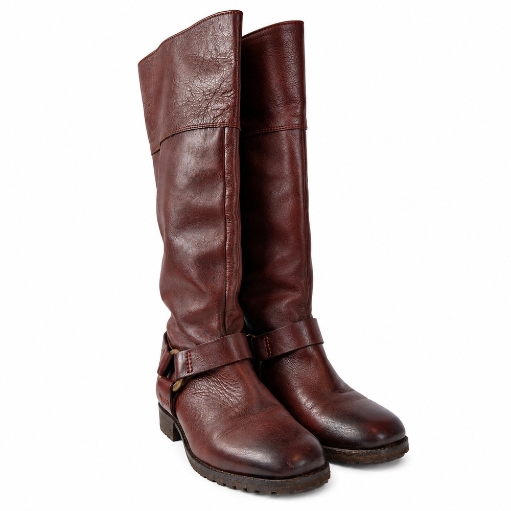 LUCKY BRAND Leather Knee High Boots Sz 9 Bordeaux Harness Buckle Western Cowgirl